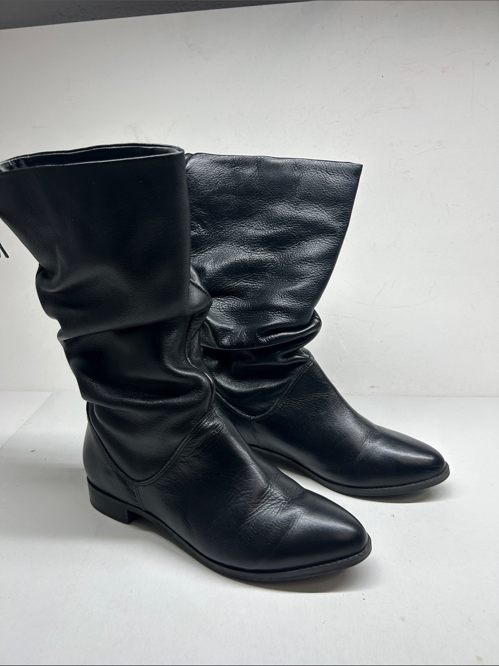 Women's Black Leather Slouch Mid-Calf Boots